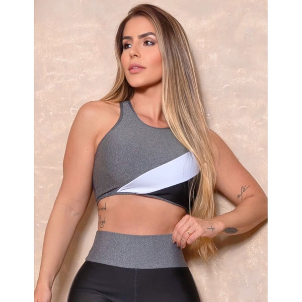 Cropped Fitness sem Bojo Nadador com Recorte Colorido Feminino