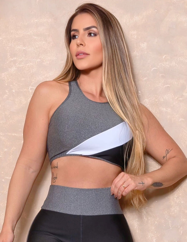 Cropped Fitness sem Bojo Nadador com Recorte Colorido Feminino