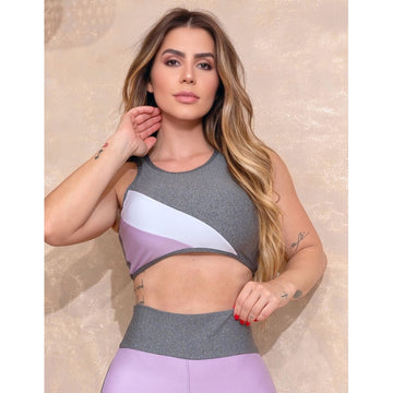 Cropped para Academia Feminino com Recorte Colorido e sem Bojo