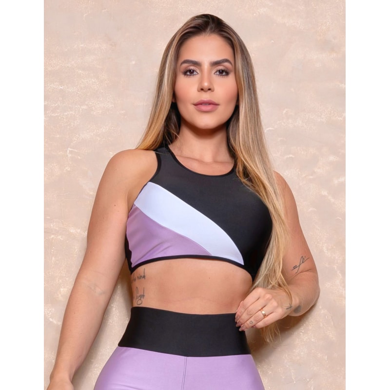 Cropped Top Fitness Feminino sem Bojo com Detalhe Colorido