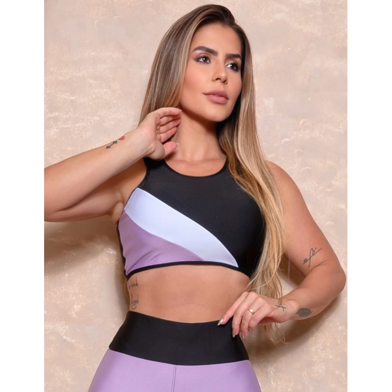 Cropped Top Fitness Feminino sem Bojo com Detalhe Colorido