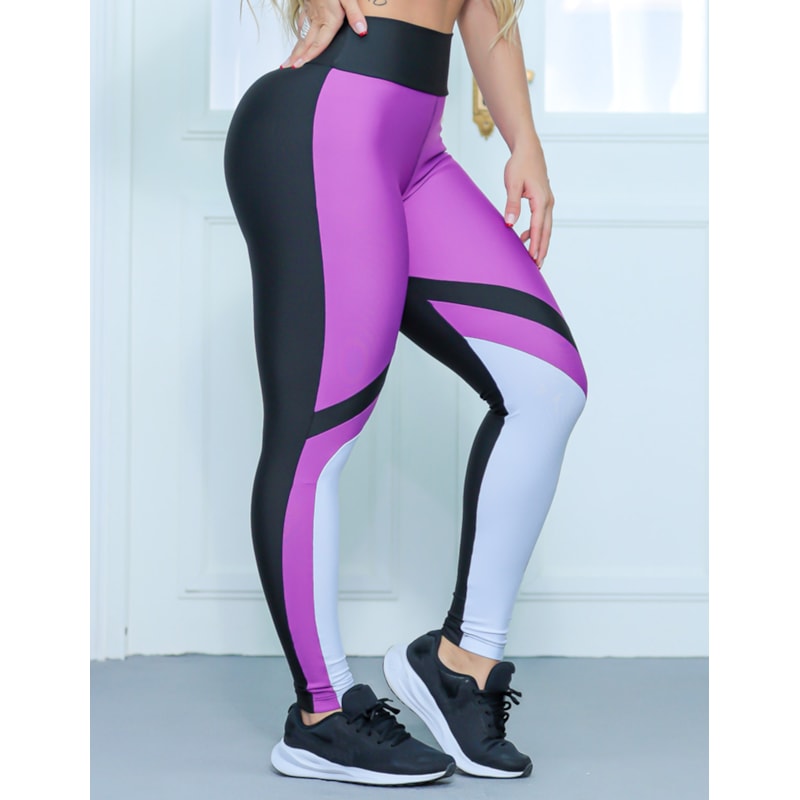 Calça Legging Feminina Cintura Alta com Recorte Colorido para Academia