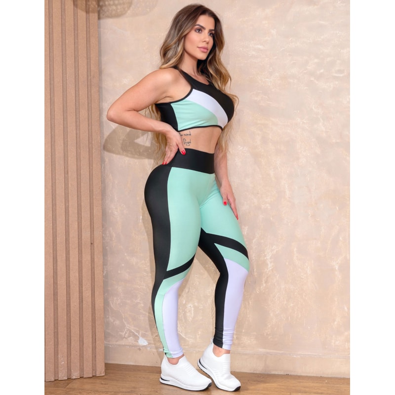 Conjunto Feminino com Recorte Colorido Cropped e Calça Legging