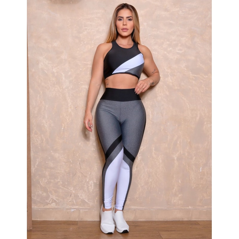 Conjunto Fitness com Calça Recorte Colorido e Cropped sem Bojo Feminino