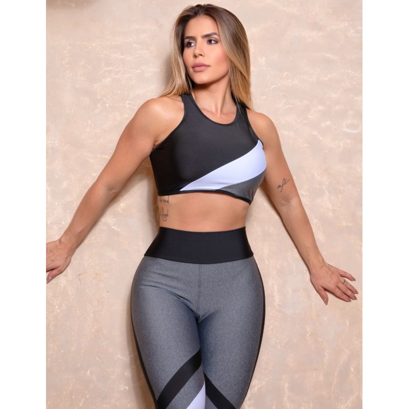 Conjunto Fitness com Calça Recorte Colorido e Cropped sem Bojo Feminino