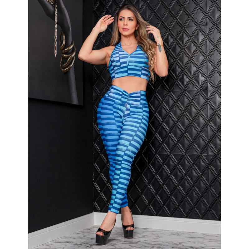 Conjunto Feminino com Estampa Fitness Calça Empina Bumbum e Cropped com Bojo