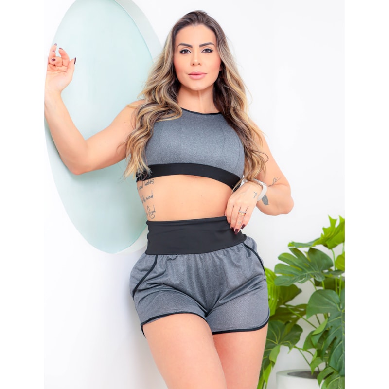 Conjunto Feminino Fitness Running Dry Fit Short com Bolsos e Cropped sem Bojo