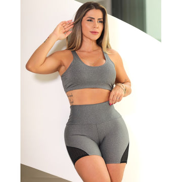 Conjunto Feminino Fitness Short com Tela e Cropped com Bojo Removível