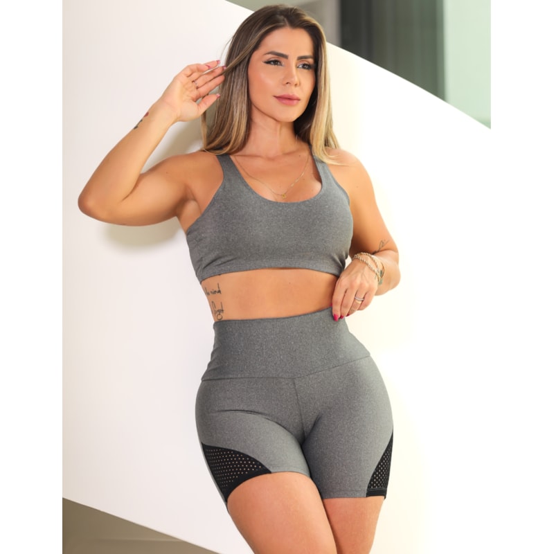 Conjunto Feminino Fitness Short com Tela e Cropped com Bojo Removível