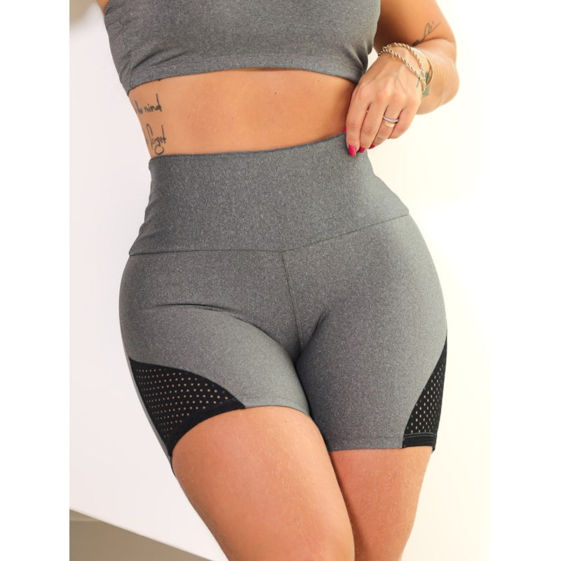 Conjunto Feminino Fitness Short com Tela e Cropped com Bojo Removível