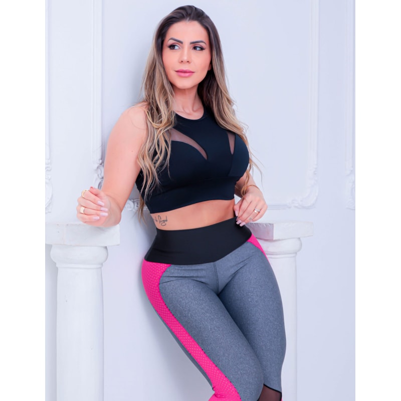 Conjunto Feminino para Academia Cropped com Bojo e Calça com Tela nas Laterais
