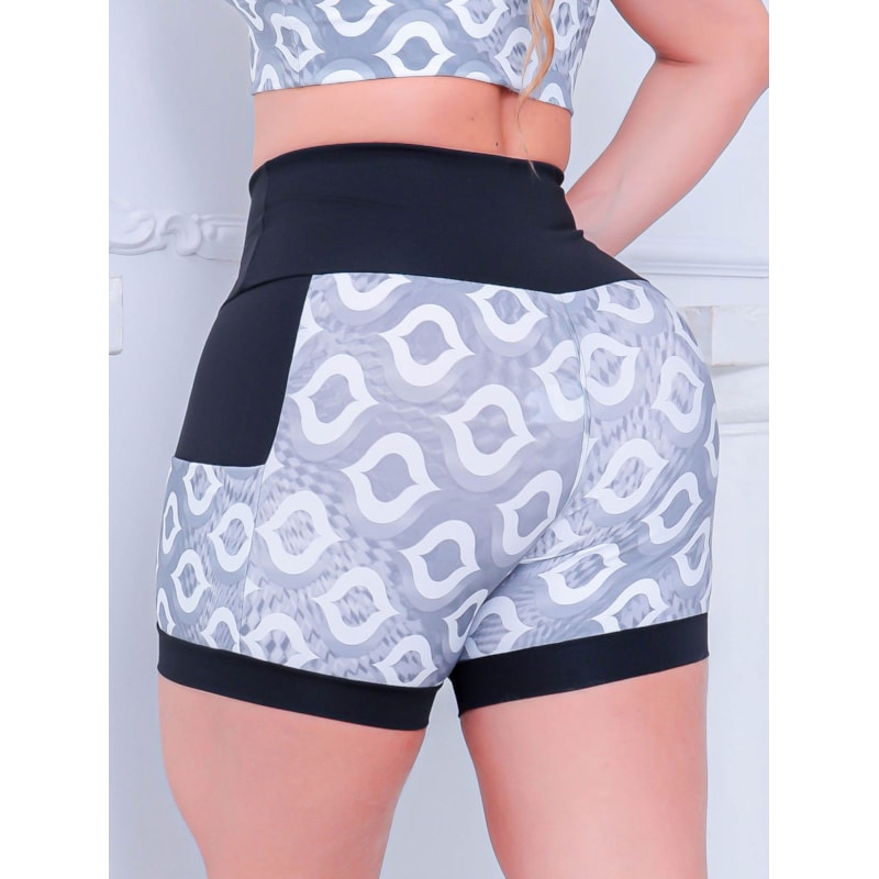 Shortinho Feminino Academia Fitness Estampado Cós Alto e Bolsos