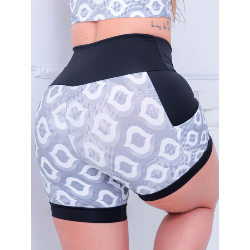 Shortinho Feminino Academia Fitness Estampado Cós Alto e Bolsos
