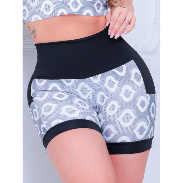 Shortinho Feminino Academia Fitness Estampado Cós Alto e Bolsos
