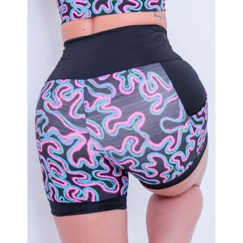 Shortinho Feminino Academia Fitness Estampado Cós Alto e Bolsos