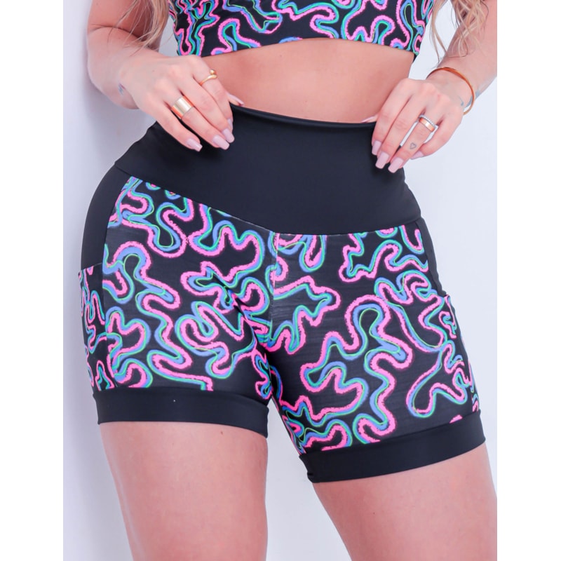 Shortinho Feminino Academia Fitness Estampado Cós Alto e Bolsos