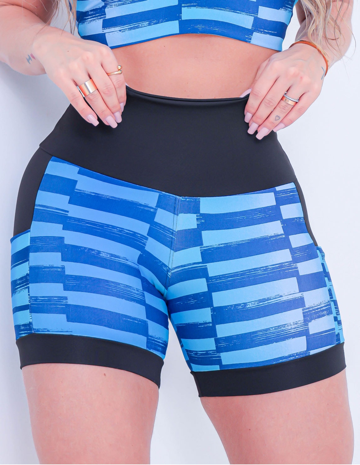 Shortinho Feminino Academia Fitness Estampado Cós Alto e Bolsos