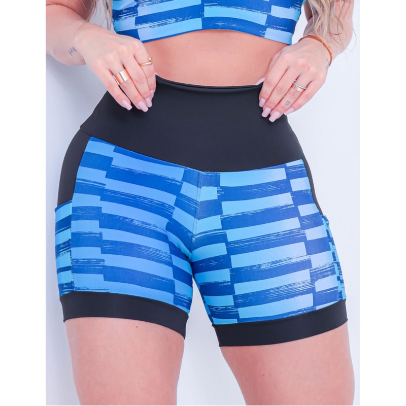 Shortinho Feminino Academia Fitness Estampado Cós Alto e Bolsos