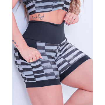 Shortinho Feminino Academia Fitness Estampado Cós Alto e Bolsos
