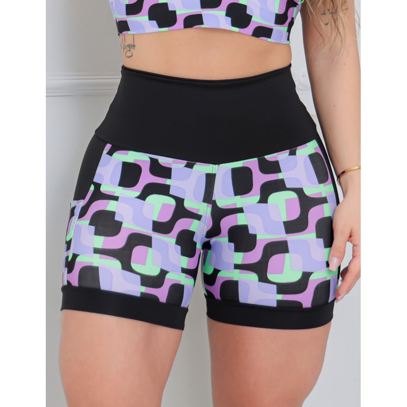 Shortinho Feminino Academia Fitness Estampado Cós Alto e Bolsos