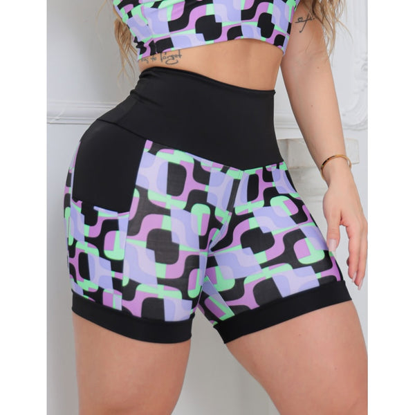 Shortinho Feminino Academia Fitness Estampado Cós Alto e Bolsos