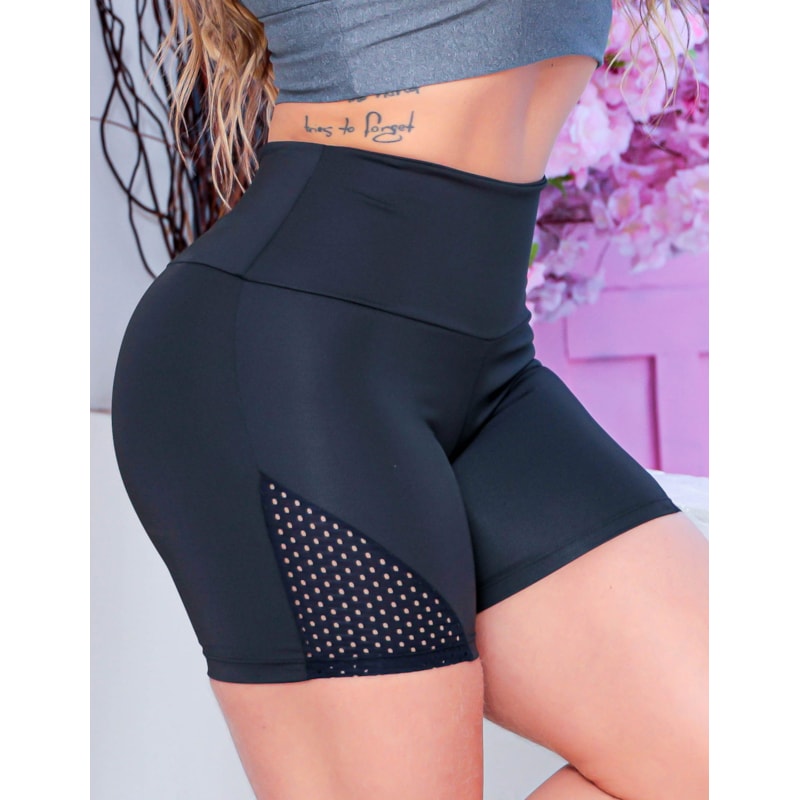 Conjunto Feminino Short com Tela e Cropped com Bojo para Academia