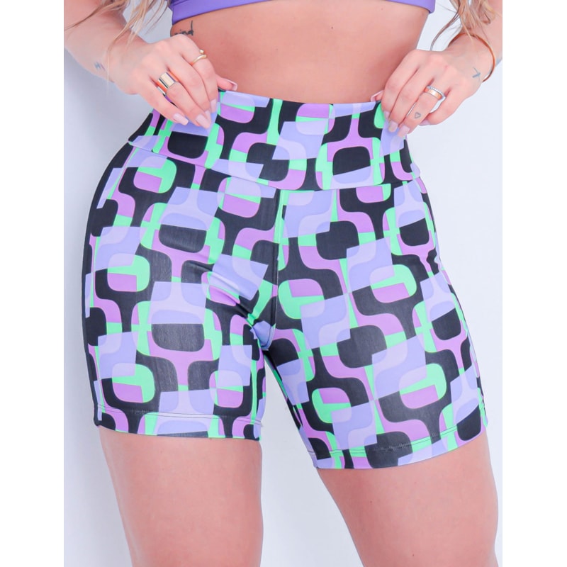 Short Fitness Feminino Estampado com Recortes em Tela nas Laterais