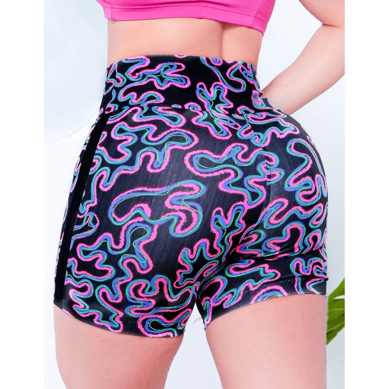 Shortinho Estampado Feminino Fitness com Recortes em Tela nas Laterais