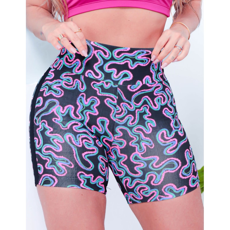 Shortinho Estampado Feminino Fitness com Recortes em Tela nas Laterais