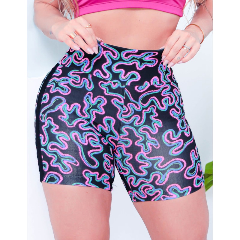 Shortinho Estampado Feminino Fitness com Recortes em Tela nas Laterais