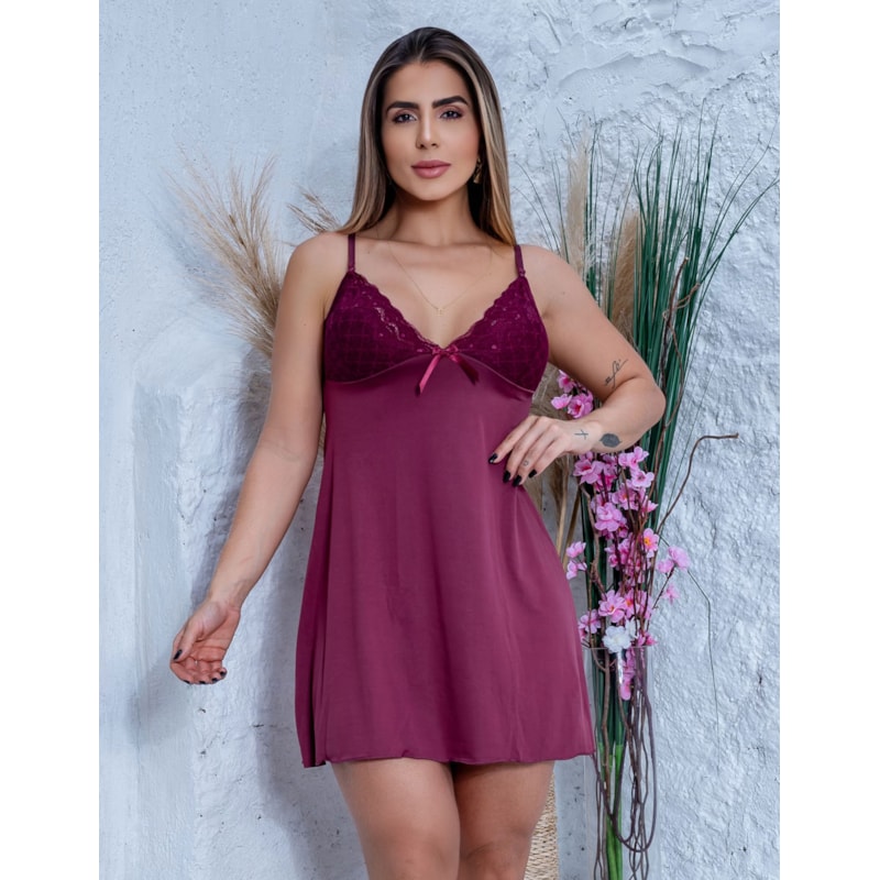 Camisola Feminina em Microfibra e Renda Linha Noite Sensual