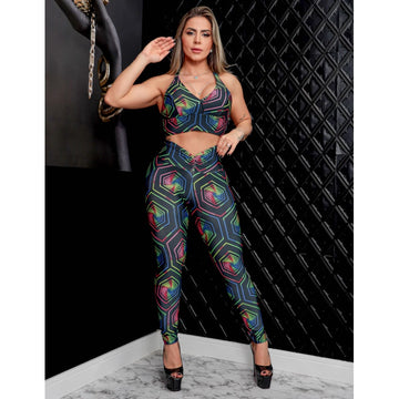 Conjunto Estampado Esportivo Calça Empina Bumbum e Cropped com Bojo