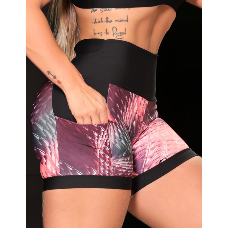 Shortinho Feminino Academia Fitness Estampado Cós Alto e Bolsos