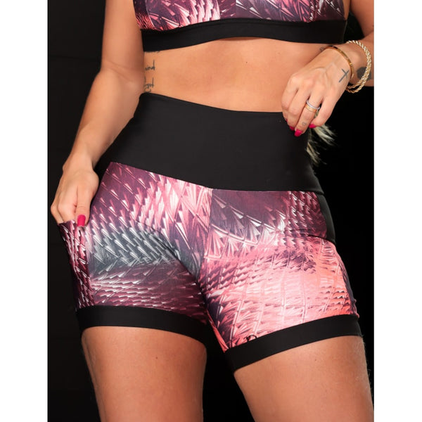 Shortinho Feminino Academia Fitness Estampado Cós Alto e Bolsos