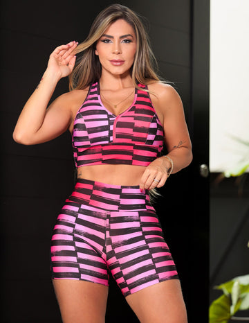 Conjunto Feminino Esportivo Estampado Short e Cropped com Bojo