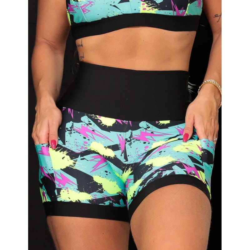 Shortinho Feminino Academia Fitness Estampado Cós Alto e Bolsos