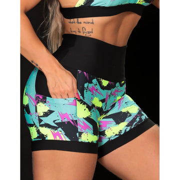 Shortinho Feminino Academia Fitness Estampado Cós Alto e Bolsos