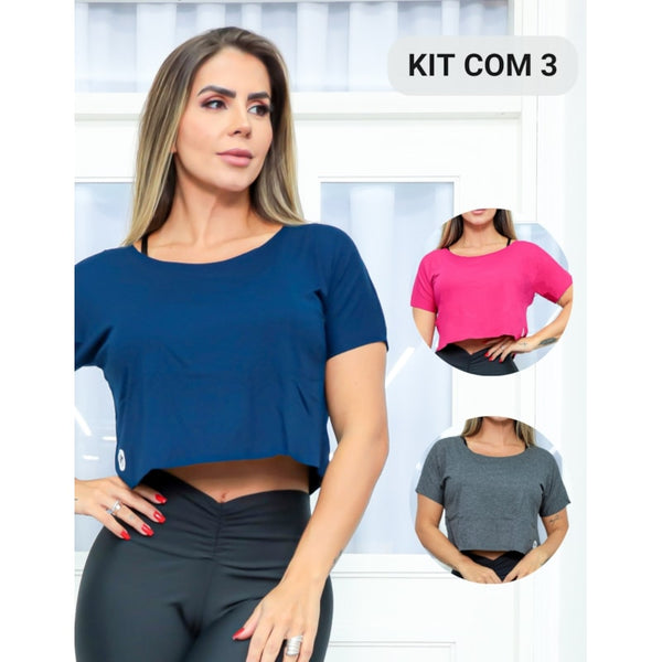 Kit com 3 Croppeds Academia Feminina com Manguinhas