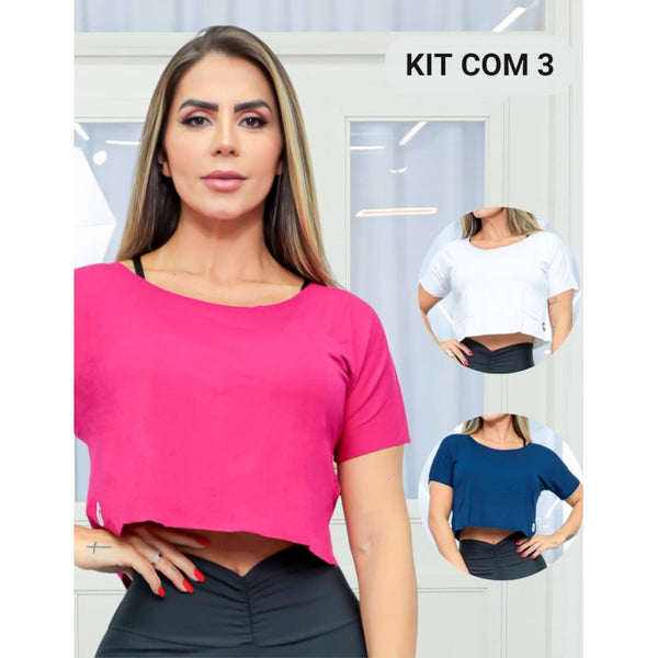 Kit com 3 Croppeds Tops Versáteis Feminino Fitness e Casual