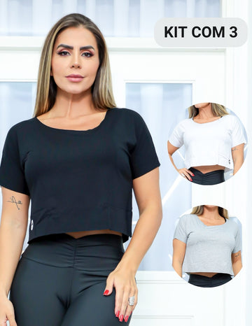 Kit com 3 Croppeds Tops Versáteis Feminino Fitness e Casual