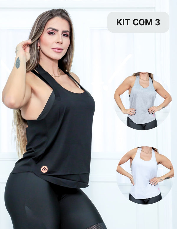 Kit com 3 Camisetas Feminina de Alças para Atividades Físicas