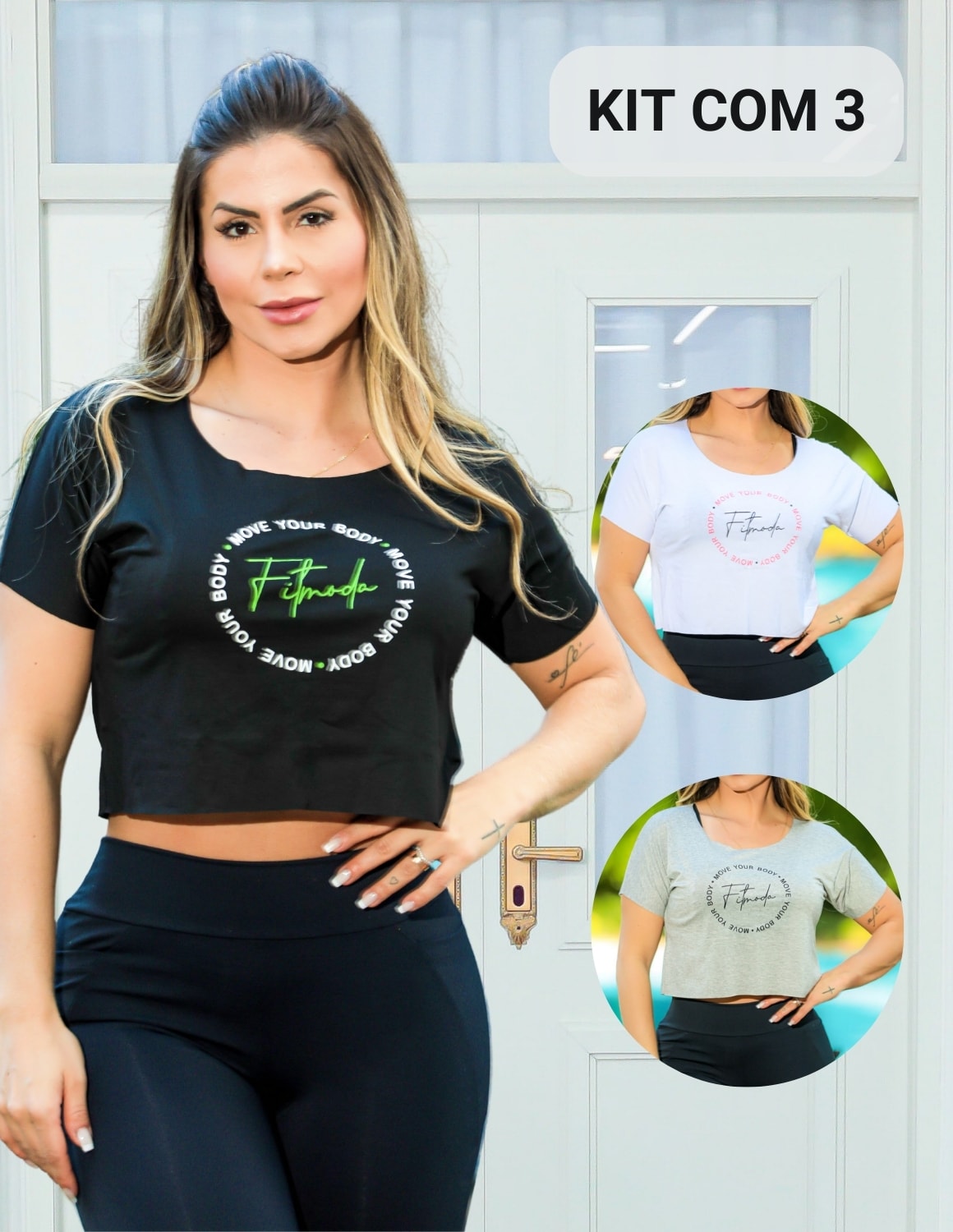 Kit com 3 Croppeds Camiseta Feminina com Manguinhas e Estampa - MOVE YOUR BODY