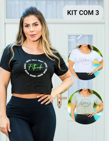 Kit com 3 Croppeds Camiseta Feminina com Manguinhas e Estampa - MOVE YOUR BODY