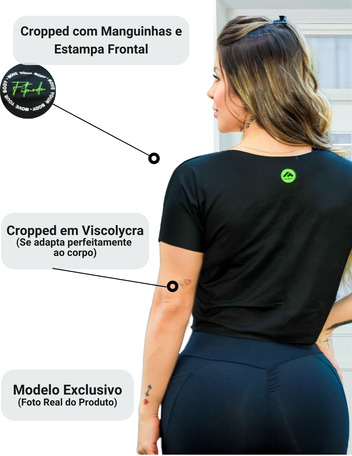 Kit com 3 Croppeds Camiseta Feminina com Manguinhas e Estampa - MOVE YOUR BODY