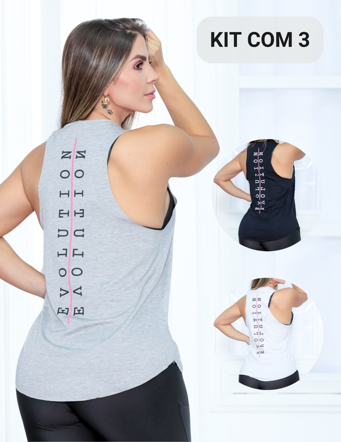 Kit com 3 Blusas Regata Feminina Mullet Fitmoda com Estampa Evolution