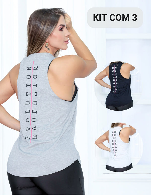 Kit com 3 Blusas Regata Feminina Mullet Fitmoda com Estampa Evolution