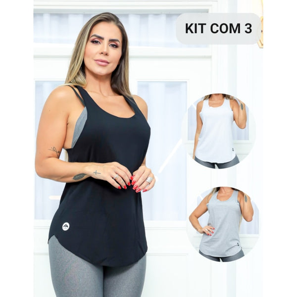 Kit Com 3 Regatas Fitness Camiseta Feminina Nadador Para Academia