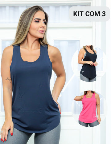 Kit com 3 Camisetas Regata Feminina Estilo Nadador Academia ou Casual