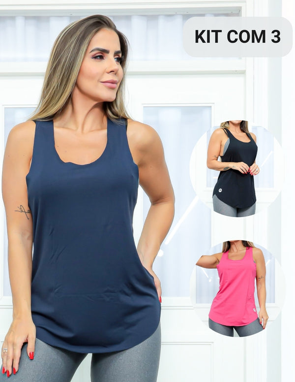 Kit com 3 Camisetas Regata Feminina Estilo Nadador Academia ou Casual