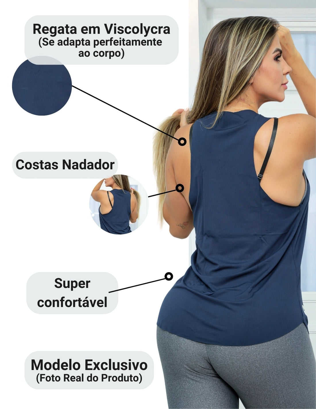 Kit com 3 Camisetas Regata Feminina Estilo Nadador Academia ou Casual